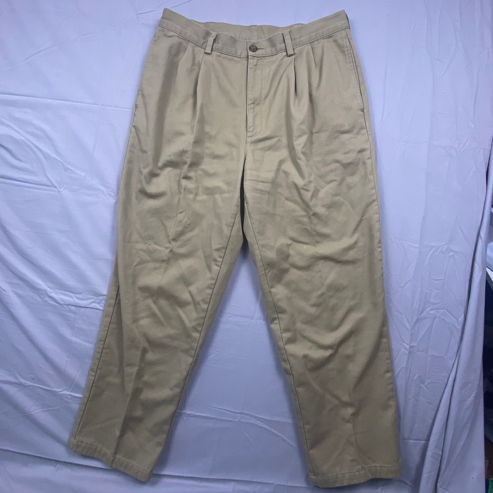 L.L.Bean Flannel Lined Khaki Tan Chino Pants Mens 34x30 Natural Fit Pleated